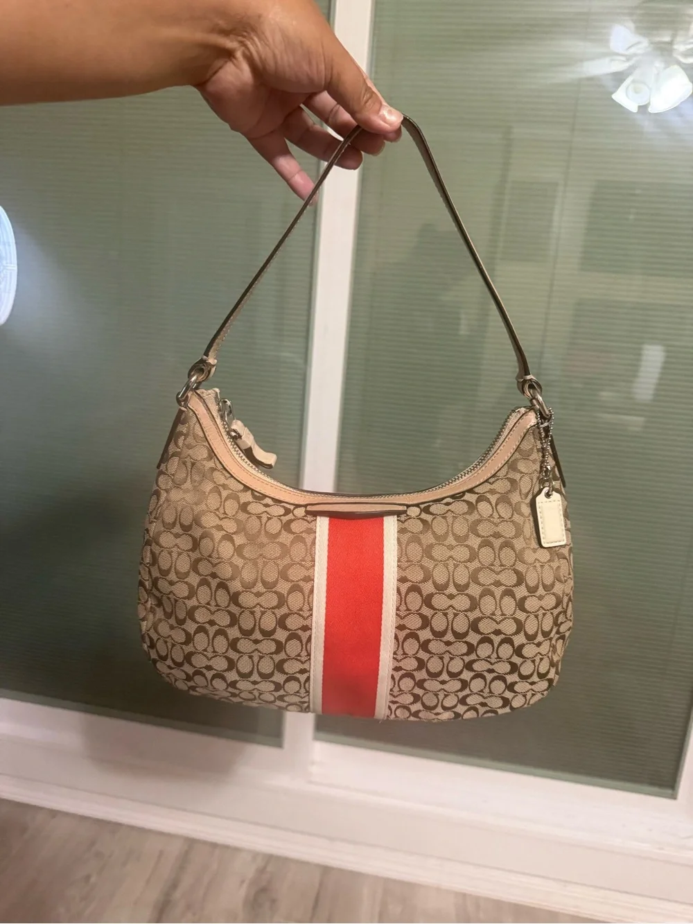 Coach Signature Monogram Shoulder Bag with Coral Stripe